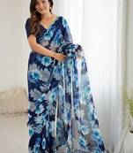 blue color georgette fabric designe floral printed bollywood style saree