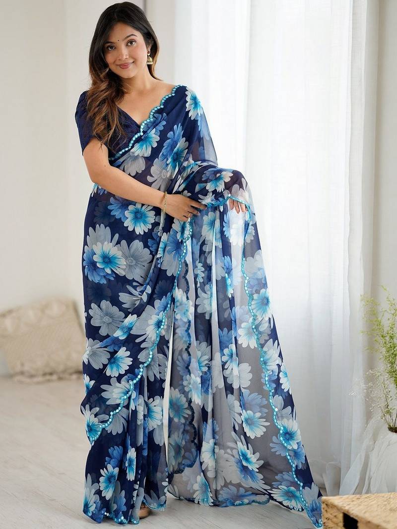 blue color georgette fabric designe floral printed bollywood style saree