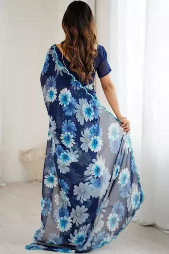blue georgette designe floral printed style saree