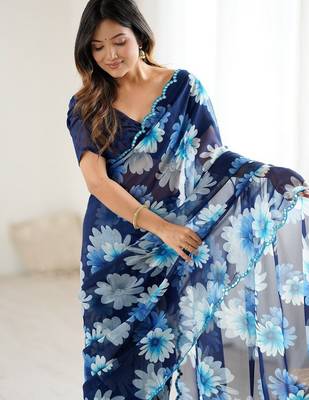 blue georgette designe floral printed style saree 3