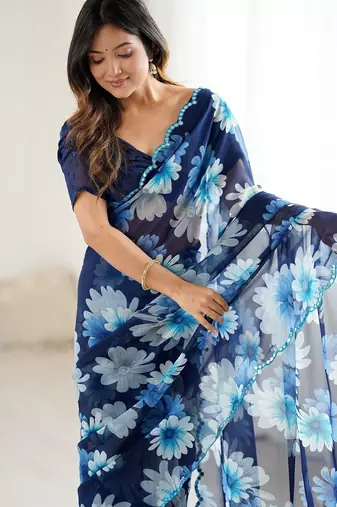blue georgette designe floral printed style saree