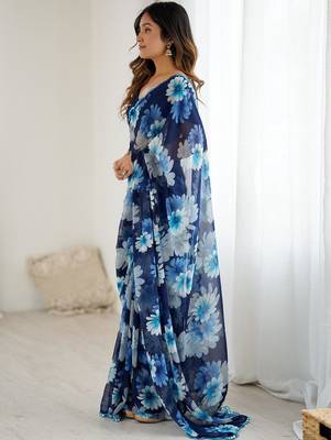 blue georgette designe floral printed style saree 4