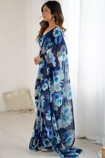 blue georgette designe floral printed style saree