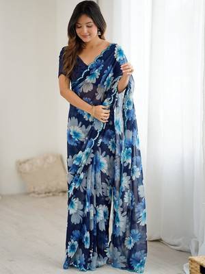 blue georgette designe floral printed style saree 5