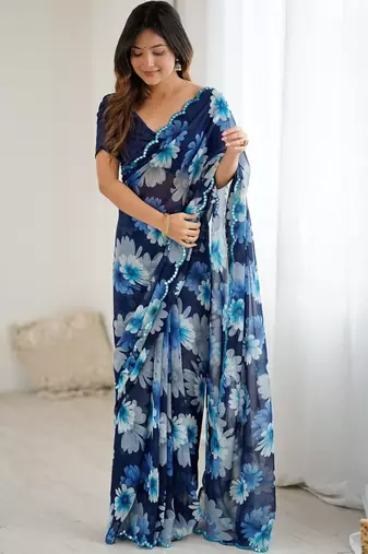 blue georgette designe floral printed style saree
