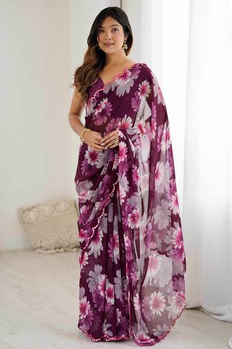 wine color georgette fabric designe floral printed bollywood style saree