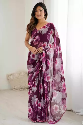 wine color georgette fabric designe floral printed bollywood style saree