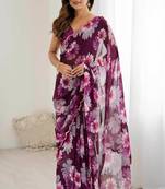 wine color georgette fabric designe floral printed bollywood style saree