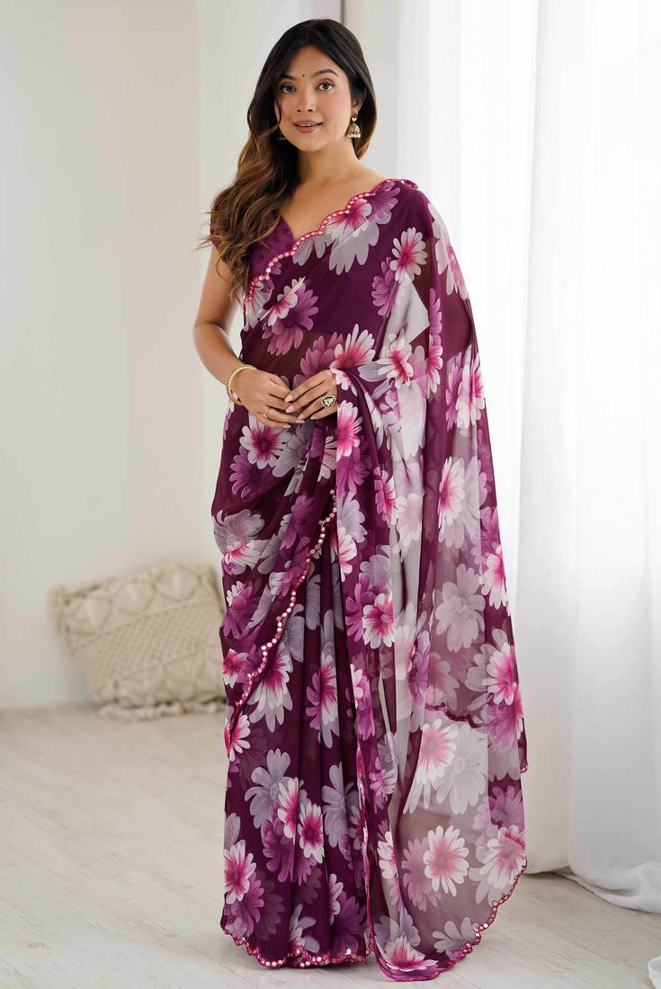 wine color georgette fabric designe floral printed bollywood style saree