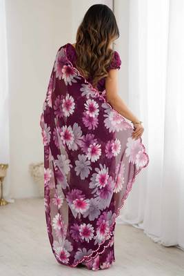 wine georgette designe floral printed style saree 2