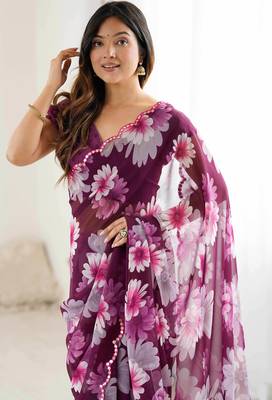 wine georgette designe floral printed style saree 3