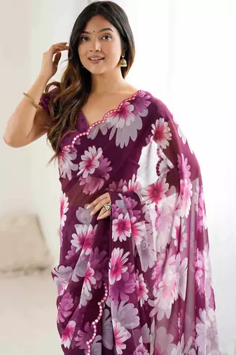 wine georgette designe floral printed style saree