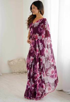 wine georgette designe floral printed style saree 4