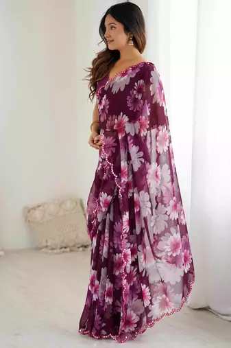 wine georgette designe floral printed style saree