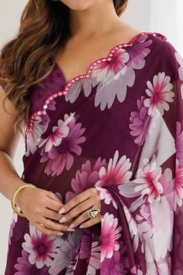 wine georgette designe floral printed style saree 5