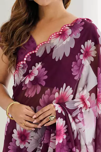 wine georgette designe floral printed style saree