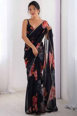black floral printed ceremonial georgette saree 1