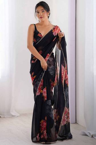black color beautiful floral printed ceremonial georgette saree