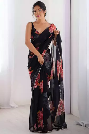black color beautiful floral printed ceremonial georgette saree