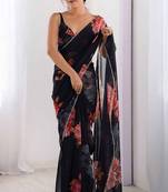 black color beautiful floral printed ceremonial georgette saree