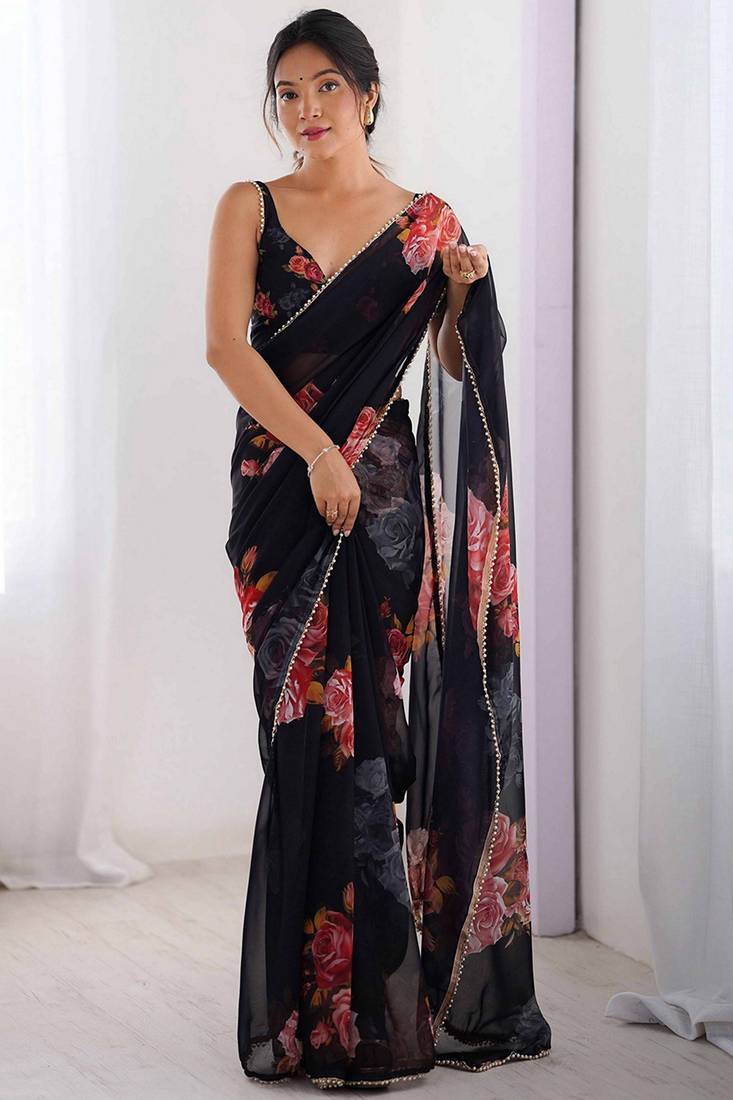 black color beautiful floral printed ceremonial georgette saree