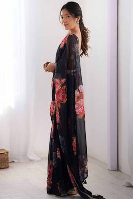 black floral printed ceremonial georgette saree 2