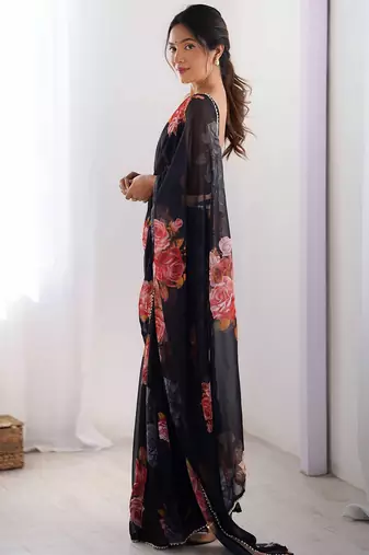 black floral printed ceremonial georgette saree