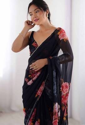 black floral printed ceremonial georgette saree 3