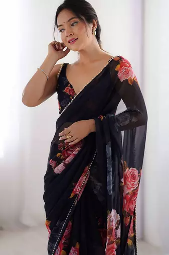 black floral printed ceremonial georgette saree