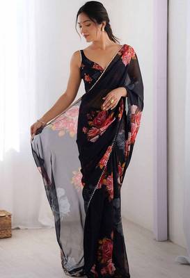 black floral printed ceremonial georgette saree 4