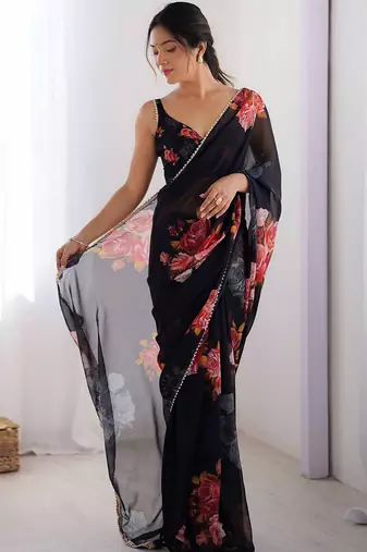 black floral printed ceremonial georgette saree