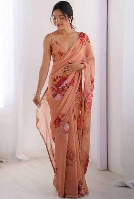 peach floral printed ceremonial georgette saree 1