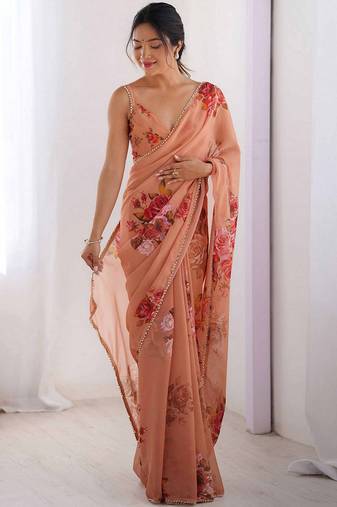 peach color beautiful floral printed ceremonial georgette saree