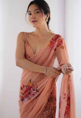 peach floral printed ceremonial georgette saree 3