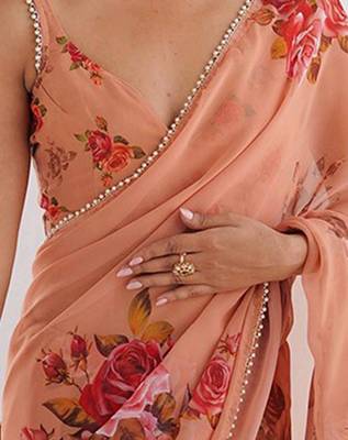 peach floral printed ceremonial georgette saree 4