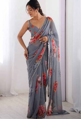 grey floral printed ceremonial georgette saree 1