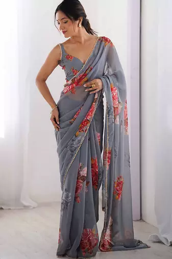 grey color beautiful floral printed ceremonial georgette saree
