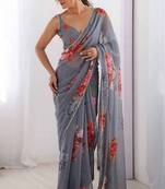 grey color beautiful floral printed ceremonial georgette saree