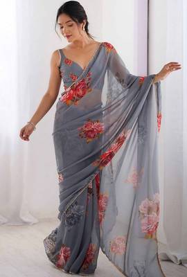 grey floral printed ceremonial georgette saree 2