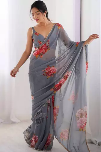 grey floral printed ceremonial georgette saree
