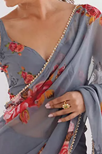 grey floral printed ceremonial georgette saree