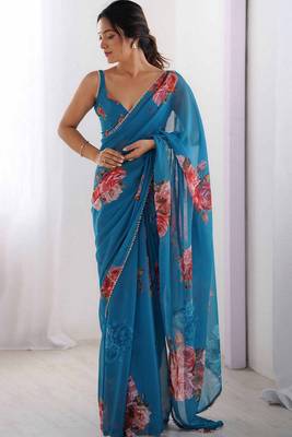 firozi floral printed ceremonial georgette saree 1