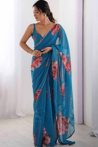 firozi color beautiful floral printed ceremonial georgette saree
