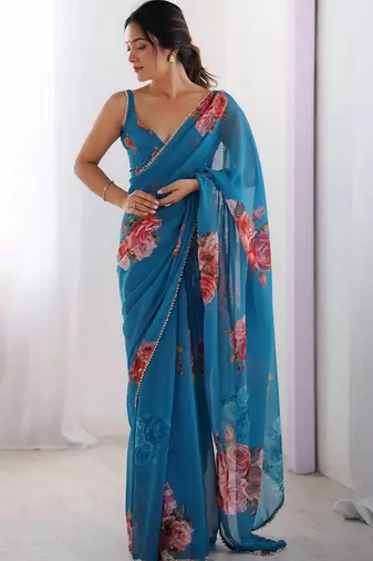 firozi color beautiful floral printed ceremonial georgette saree