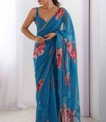 firozi color beautiful floral printed ceremonial georgette saree