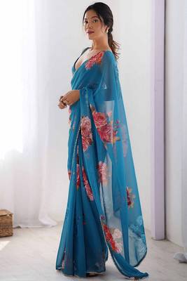 firozi floral printed ceremonial georgette saree 2