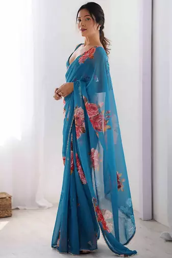 firozi floral printed ceremonial georgette saree