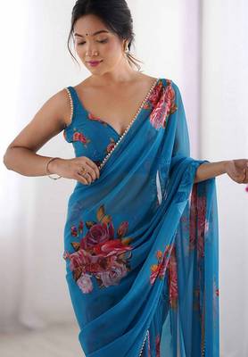 firozi floral printed ceremonial georgette saree 3