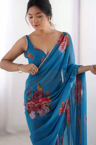 firozi floral printed ceremonial georgette saree