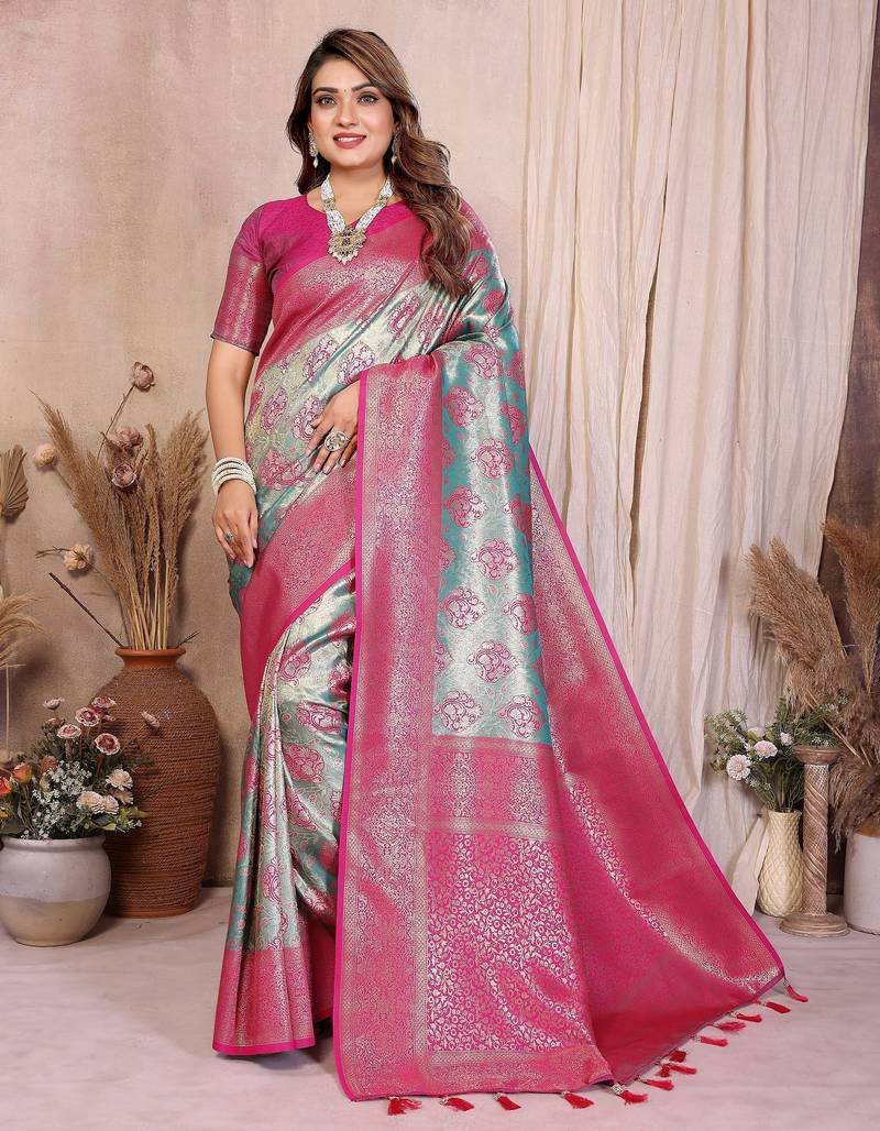 blue color heavy rich banarasi tissue silk blend blend for ceremonial traditional looks